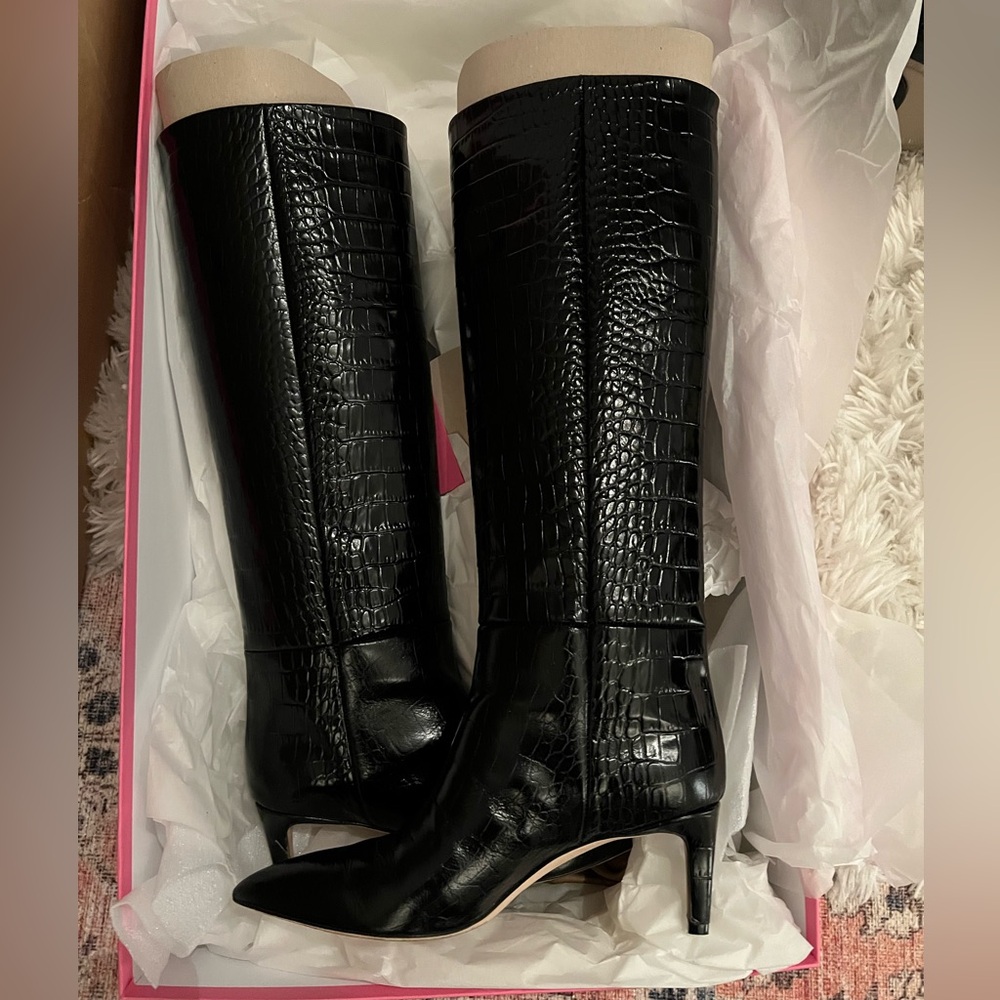 Paris Texas crocodile embossed, kitten heel leather boots
